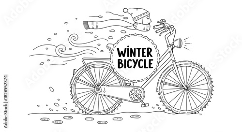 Winter cycling adventure in black and white line art with cozy hat and scarf