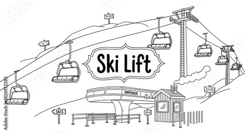 Monochrome ski lift scene with chairs and cabin in a mountainous landscape