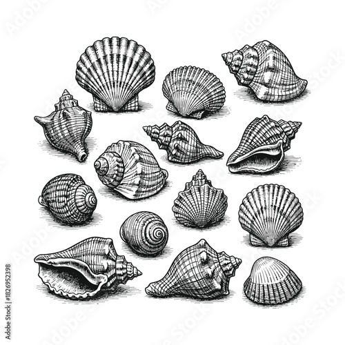 Detailed black and white pen-and-ink illustration of diverse seashells in a vintage scientific sketch style on a white background