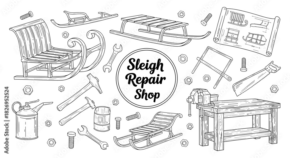 Naklejka premium Vintage sleigh repair tools and workshop elements in detailed line art design