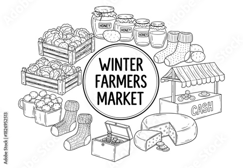 Charming winter farmers market scene with fresh produce and cozy items in line art