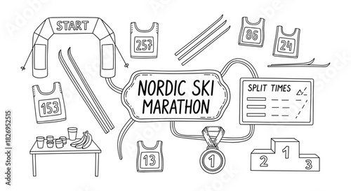 Nordic ski marathon equipment and accessories in outline style for winter sports