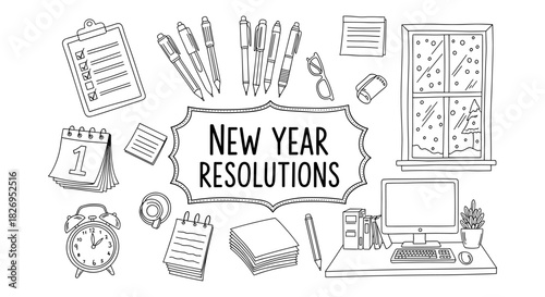 New year resolutions: black and white desktop scene with office supplies and winter window