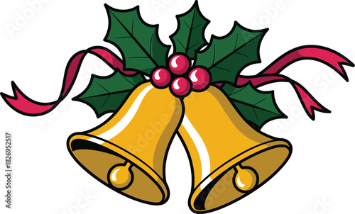Two golden christmas bells with holly and red ribbon