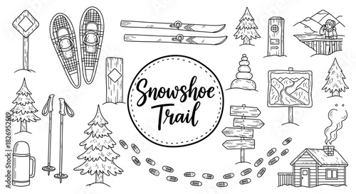 Winter adventure elements: snowshoe trail and hiking icons in hand drawn style