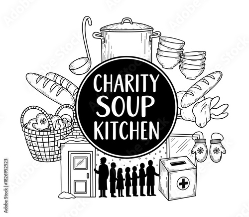 Charity soup kitchen emblem featuring food and community elements in black and white