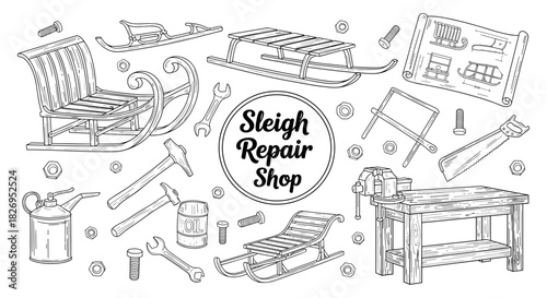 Vintage sleigh repair tools and workshop elements in detailed line art design