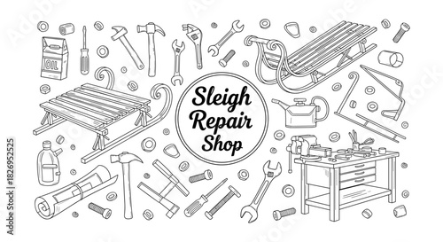 Sleigh repair workshop line art: tools and equipment for winter season maintenance