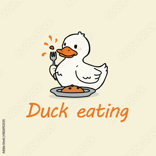 Duck bird holding fork eating food animal restaurant Vector logo template