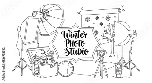 Winter photography setup with studio equipment and seasonal props