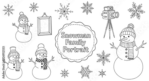 Snowman portrait collection: festive winter scenes with snowflakes and camera in doodle art style