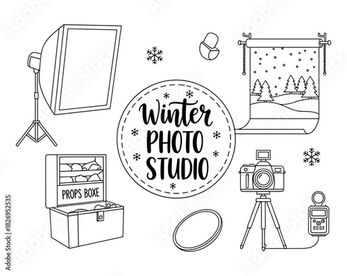 Winter photography studio setup with snowy backdrop and equipment line art