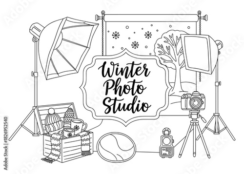 Cozy winter photography studio scene with snowflakes and warm accents illustrated in line art