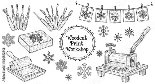 Woodcut print workshop elements with snowflakes and tools in hand drawn style
