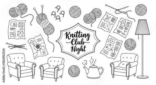 Cozy knitting club night: creative design with balls of yarn, patterns, and warm tea