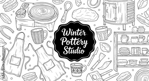 Winter pottery studio pattern with hand drawn craft tools and decor
