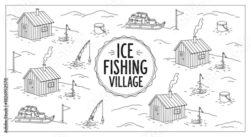 Ice fishing village seamless pattern with cabins and sleds in black and white outline