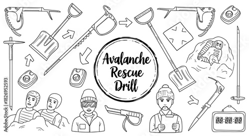 Avalanche rescue equipment and techniques illustrated in linear style for training and awareness