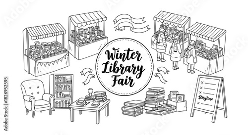 Winter library fair: cozy book market in monochrome line art