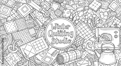 Winter crafts: intricate quilting design with sewing tools and fabrics in detailed doodle art