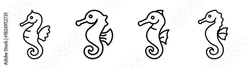 Seahorse outline drawing vector illustration set, sea life animal clip art for kids coloring page