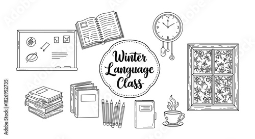 Winter language class elements: books, window, chalkboard, and more in linear style