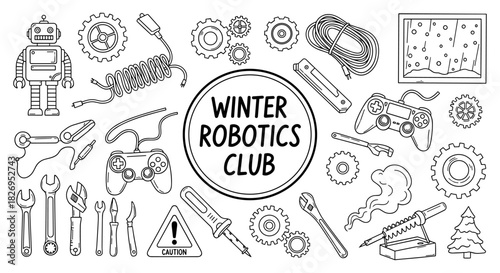 Winter robotics club: line art collection of tools and gadgets for creative projects