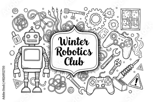 Winter robotics club: fun and creative doodle art for tech enthusiasts