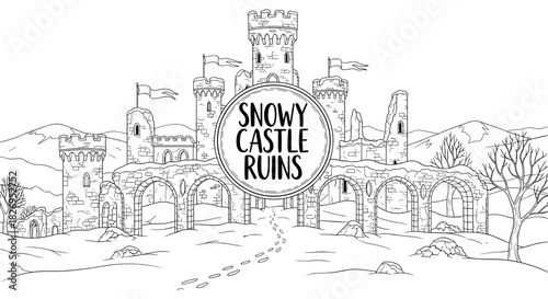 Winter castle ruins with snowy landscape and bare trees in linear style