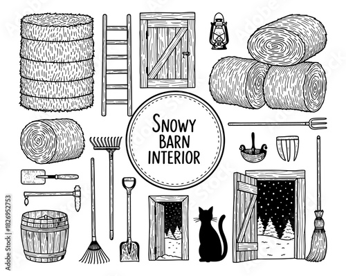 Rustic barn interior with farm tools and winter elements in black and white