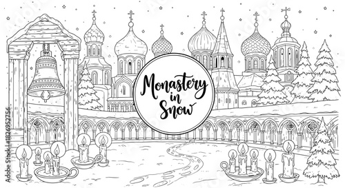 Snowy monastery with candlelit path and ornate domes scene