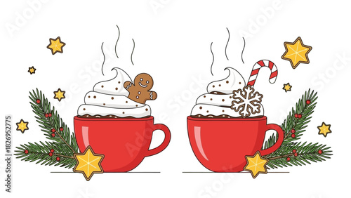 Two festive red mugs of hot chocolate with whipped cream and Christmas cookies.