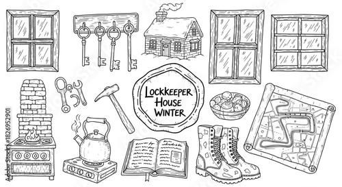Rustic hand drawn winter elements: lockkeeper house essentials and cozy tools