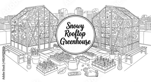Snowy rooftop greenhouse with winter plants in urban cityscape line art