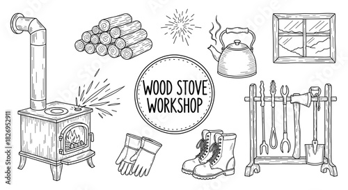 Rustic wood stove workshop setup with tools and accessories in vintage style
