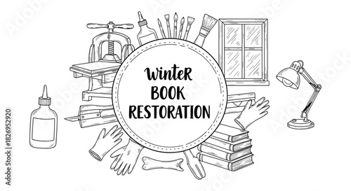 Winter book restoration tools and elements in hand-drawn style