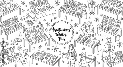 Charming winter fair with handmade art displays in black and white line art style