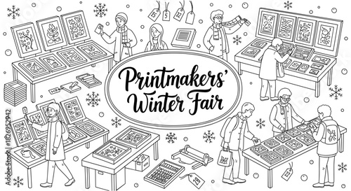 Creative printmakers winter fair with artisans and prints in detailed line art