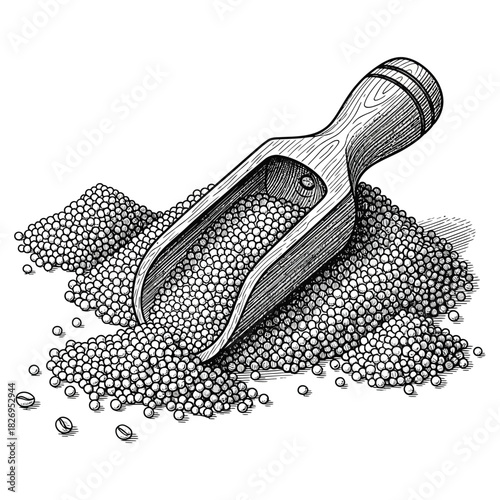 High-contrast black and white sketch of a rustic wooden scoop with granular material, detailed engraving style on a white background