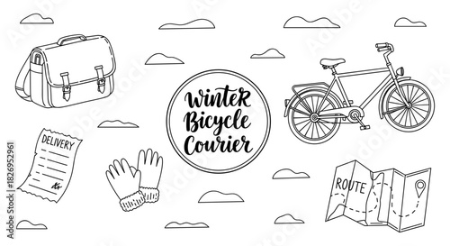 Winter bicycle courier theme with delivery elements in linear style