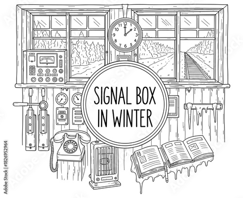 Intricate train signal box in winter landscape with vintage details