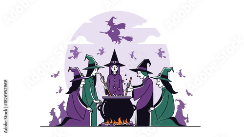 Witches Gathering Around a Cauldron for a Halloween Ritual.
