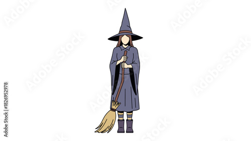 Young Witch with Broom and Spell Book Standing Still.