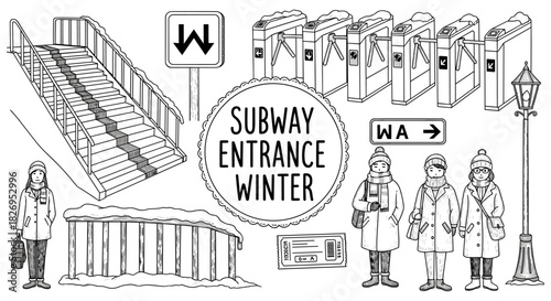 Winter subway entrance scene with commuters in monochrome style