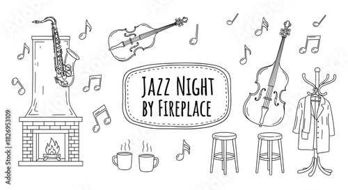 Cozy jazz night scene with fireplace, musical instruments, and warm beverages