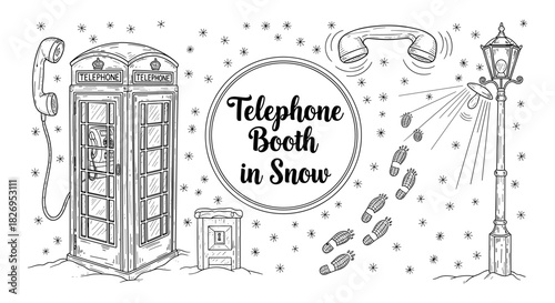 Vintage telephone booth in snowy setting with lamp post and footprints