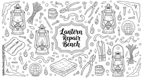 Vintage lantern repair elements with hand drawn camp tools and patterns