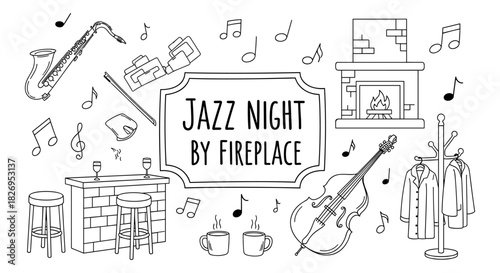 Cozy jazz night by the fireplace with music and drinks in line art style