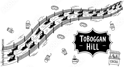 Fun tobogganing ride on snowy hill in whimsical black and white art