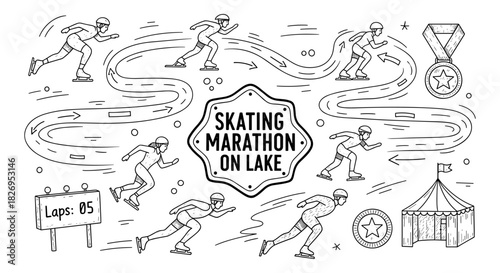 Skating marathon on lake: winter sports in black and white line art